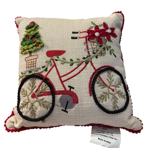 Christmas Throw Pillow With Bicycle & Poinsettia Plant & Tree Embroidered 12x12 - Picture 1 of 8